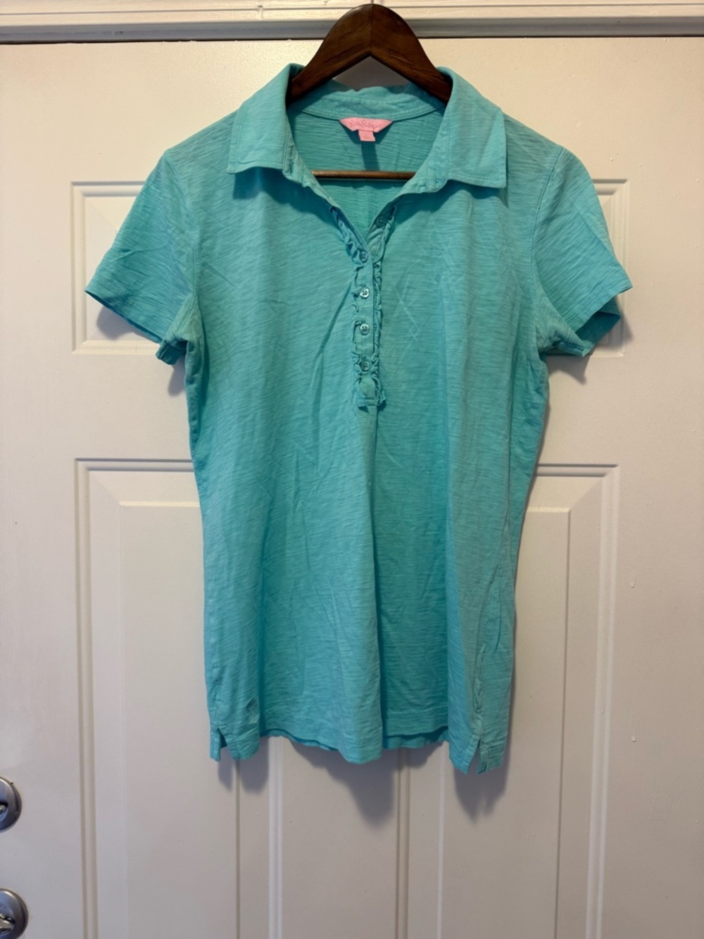 Lilly Pulitzer Women’s Teal Short-Sleeve Polo Top size Large EUC Pima cotton